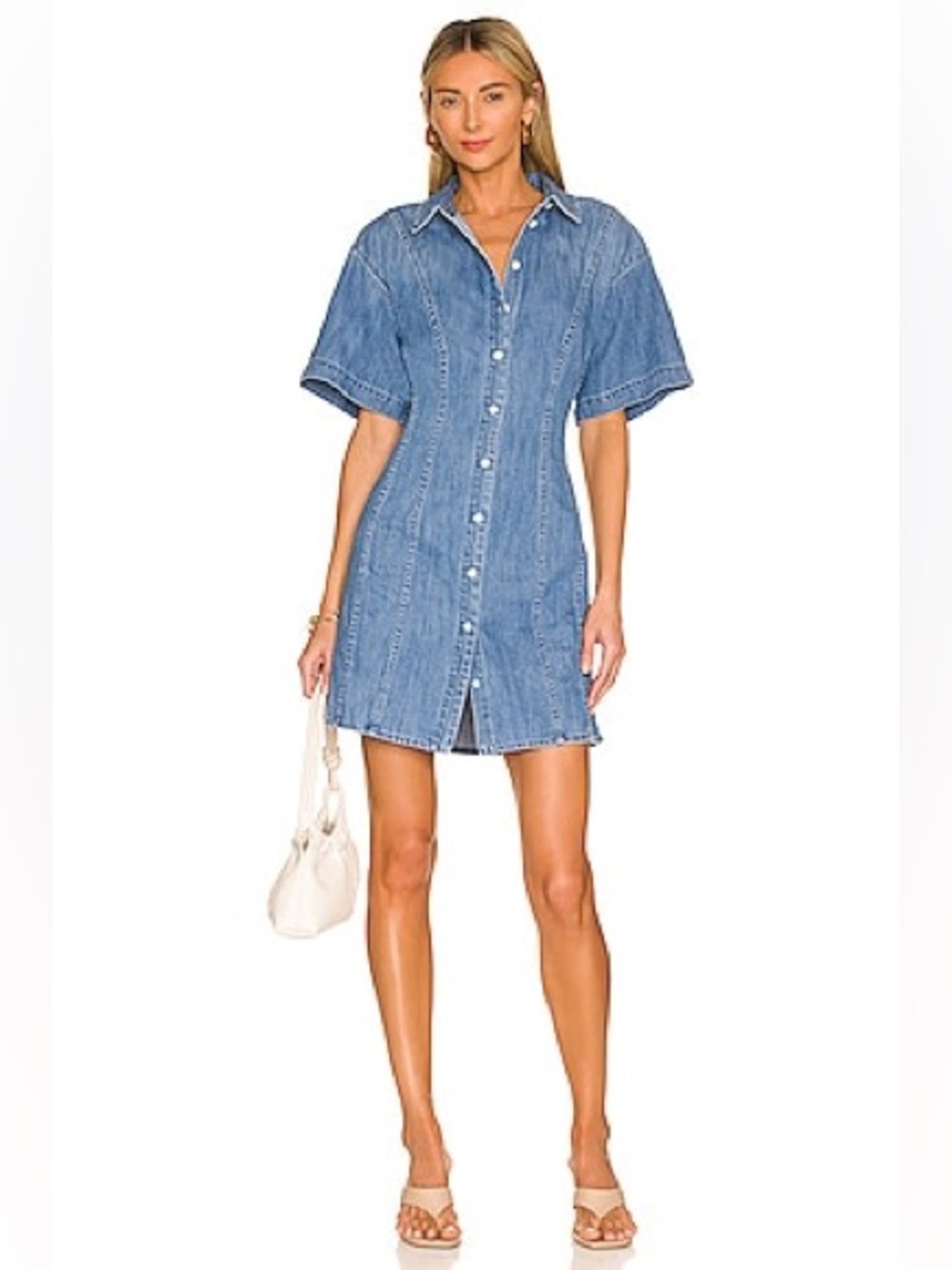 FRAME Seam Detail Denim Shirt Dress Shoreline Wash Blue Cotton Size L Revolve